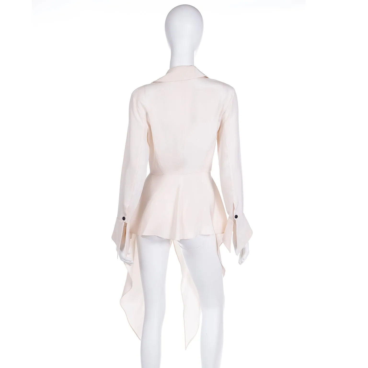 1990s Claude Montana Cream Silk Crepe Long Blouse w Black Tie at Neck