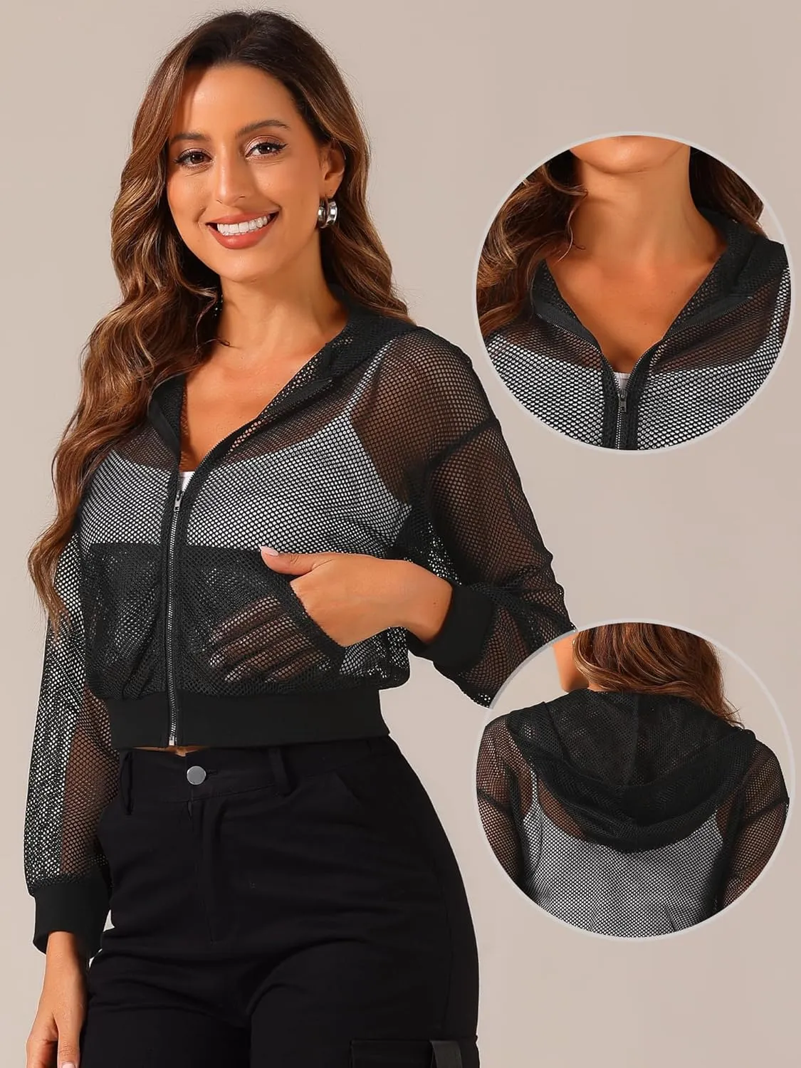 Allegra K Hoodie Jacket for Women's Zip Up Cropped Mesh Jackets Workout Long Sleeve Sheer Bomber Jacket