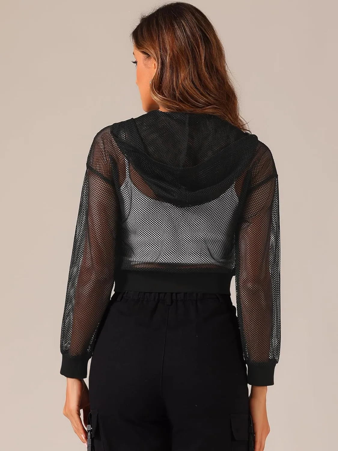 Allegra K Hoodie Jacket for Women's Zip Up Cropped Mesh Jackets Workout Long Sleeve Sheer Bomber Jacket
