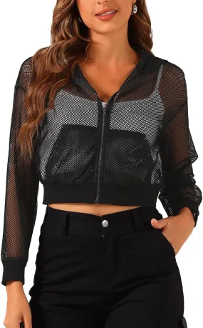 Allegra K Hoodie Jacket for Women's Zip Up Cropped Mesh Jackets Workout Long Sleeve Sheer Bomber Jacket
