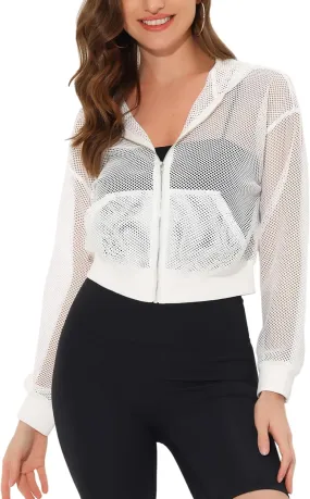 Allegra K Hoodie Jacket for Women's Zip Up Cropped Mesh Jackets Workout Long Sleeve Sheer Bomber Jacket