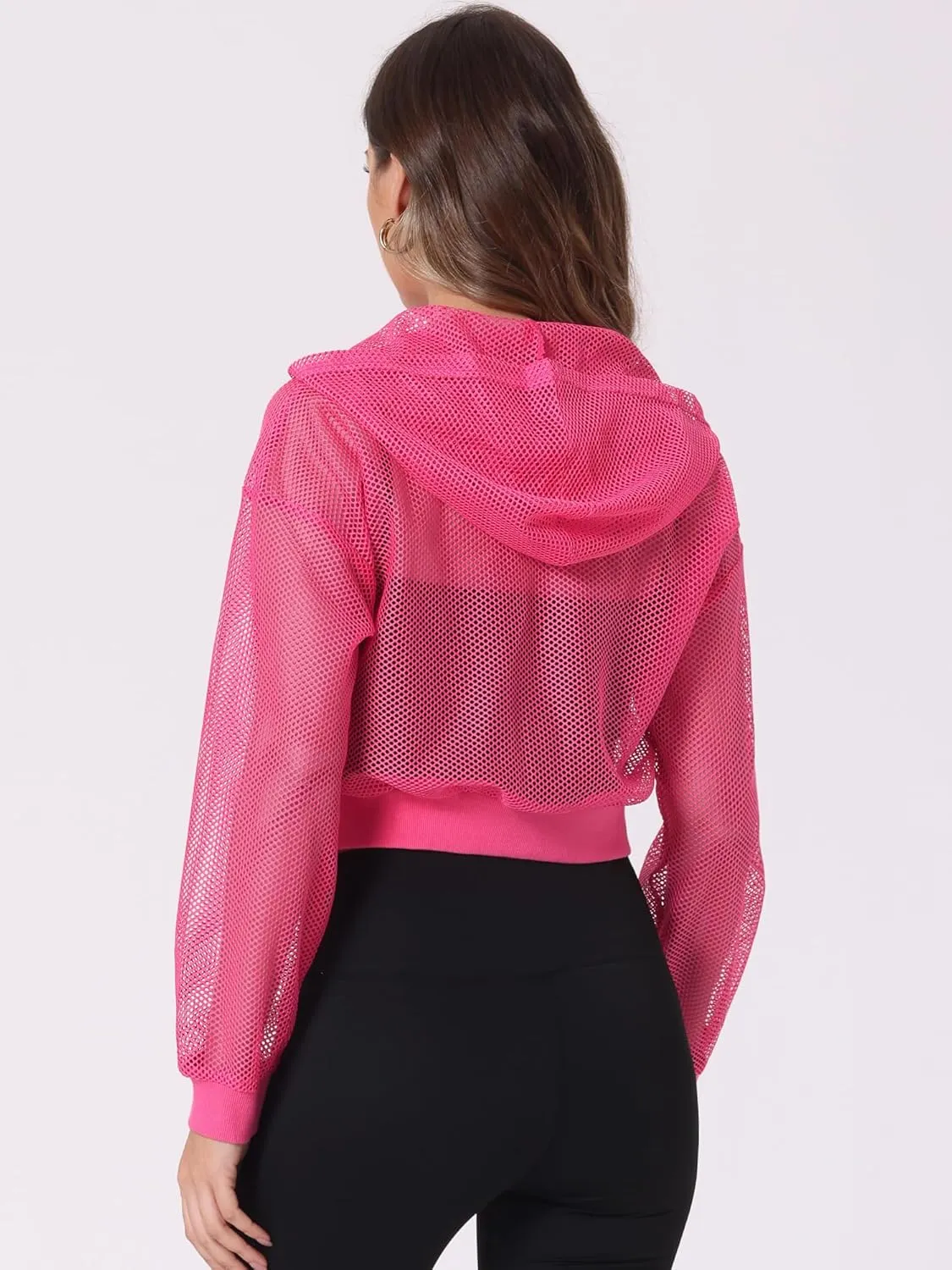 Allegra K Hoodie Jacket for Women's Zip Up Cropped Mesh Jackets Workout Long Sleeve Sheer Bomber Jacket