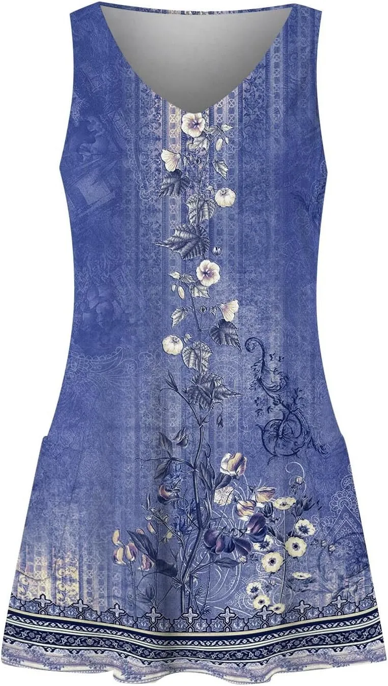 Azeralia Dresses for Women 2024 Casual Spring Printed Dresses Tank Dress with Pocket V Neck Sleeveless Sundresses