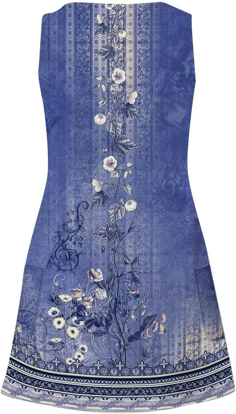 Azeralia Dresses for Women 2024 Casual Spring Printed Dresses Tank Dress with Pocket V Neck Sleeveless Sundresses