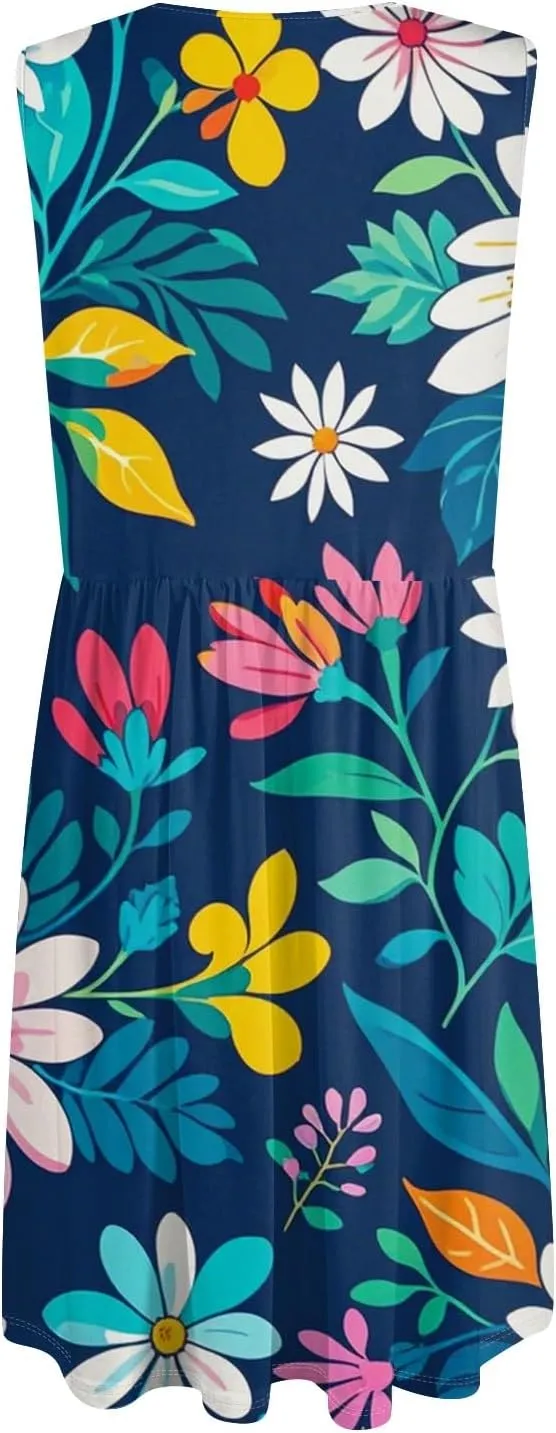 Azeralia Women's Summer Dresses V-Neck Sleeveless Boho Sundress Casual Loose Flowy Midi Dress Beach Printed Tank Dress