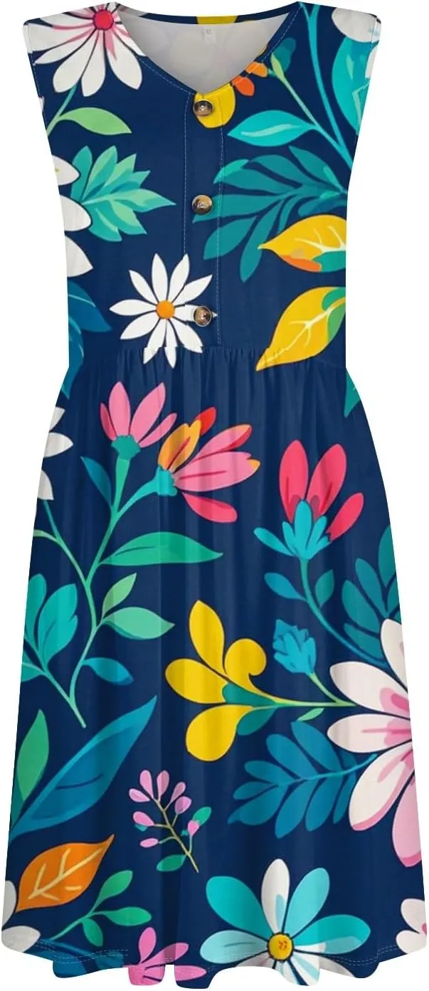 Azeralia Women's Summer Dresses V-Neck Sleeveless Boho Sundress Casual Loose Flowy Midi Dress Beach Printed Tank Dress