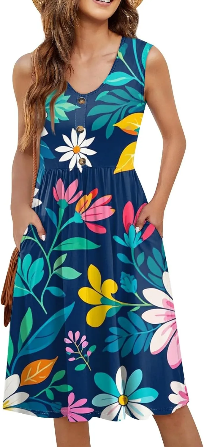 Azeralia Women's Summer Dresses V-Neck Sleeveless Boho Sundress Casual Loose Flowy Midi Dress Beach Printed Tank Dress