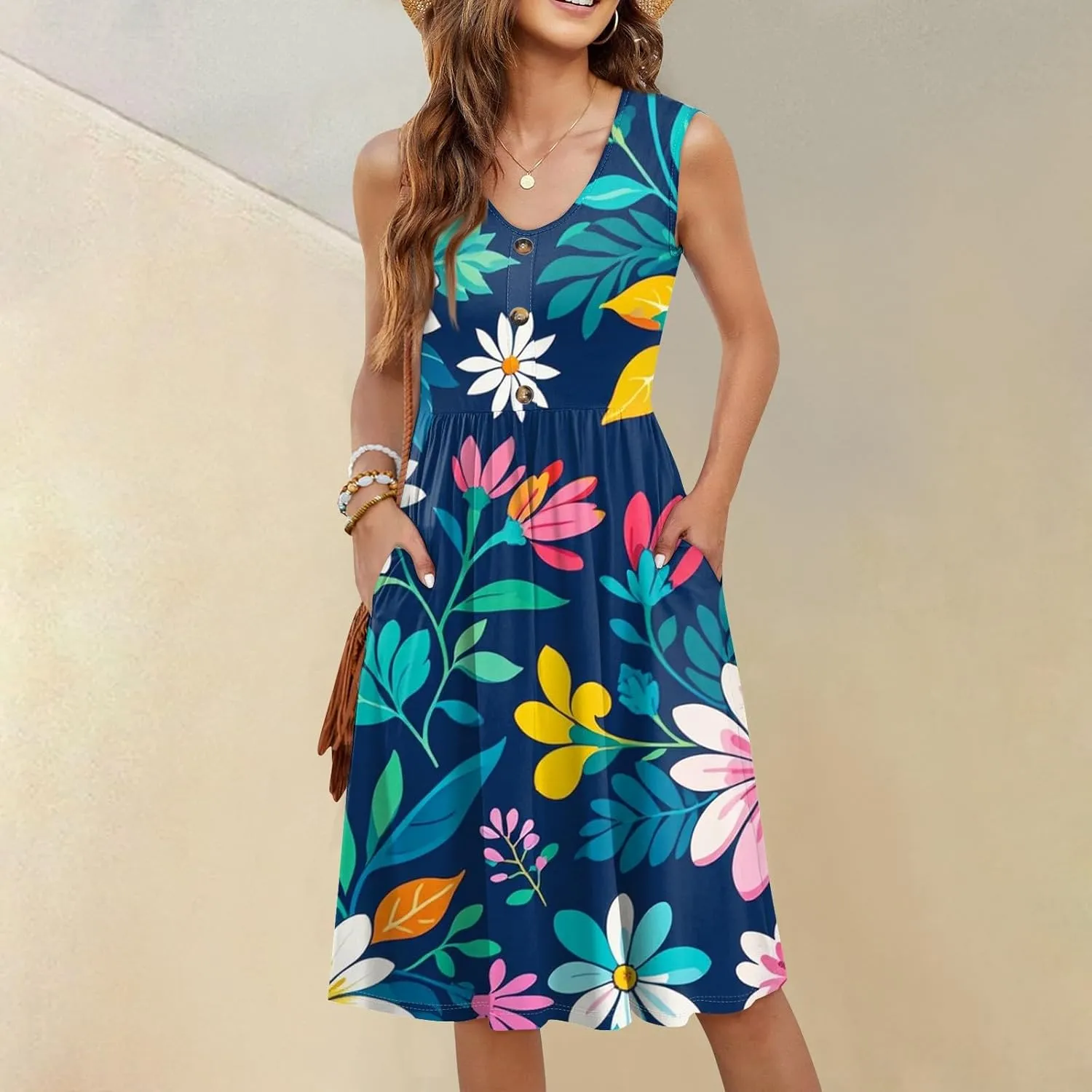Azeralia Women's Summer Dresses V-Neck Sleeveless Boho Sundress Casual Loose Flowy Midi Dress Beach Printed Tank Dress
