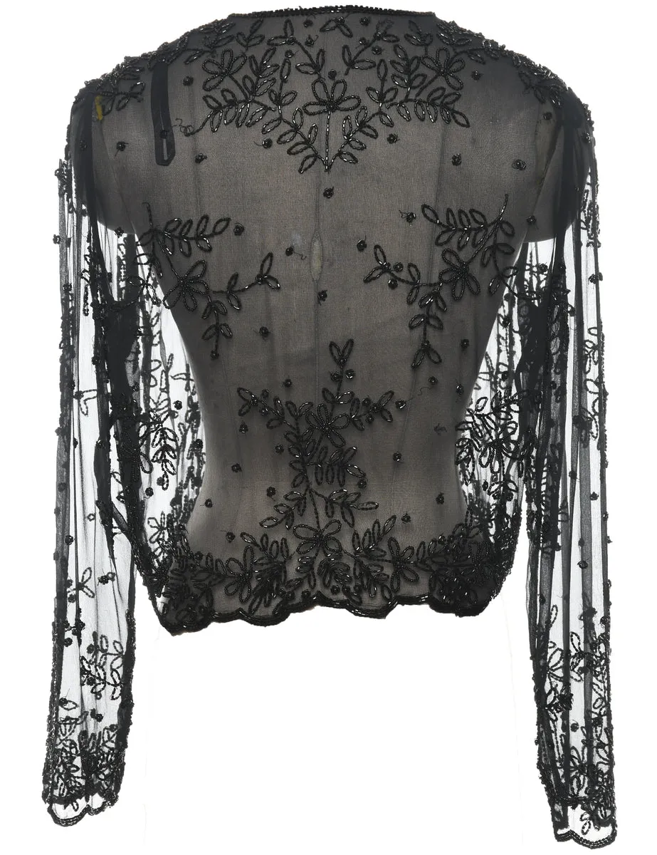 Black Sheer Beaded 1990s Evening Jacket - L