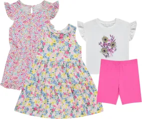 BTween Girls Mix and Match Set 4-Pack Soft Cotton Blend, Shirt. Biker Short, Dress and Romper