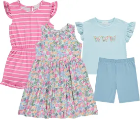 BTween Girls Mix and Match Set 4-Pack Soft Cotton Blend, Shirt. Biker Short, Dress and Romper