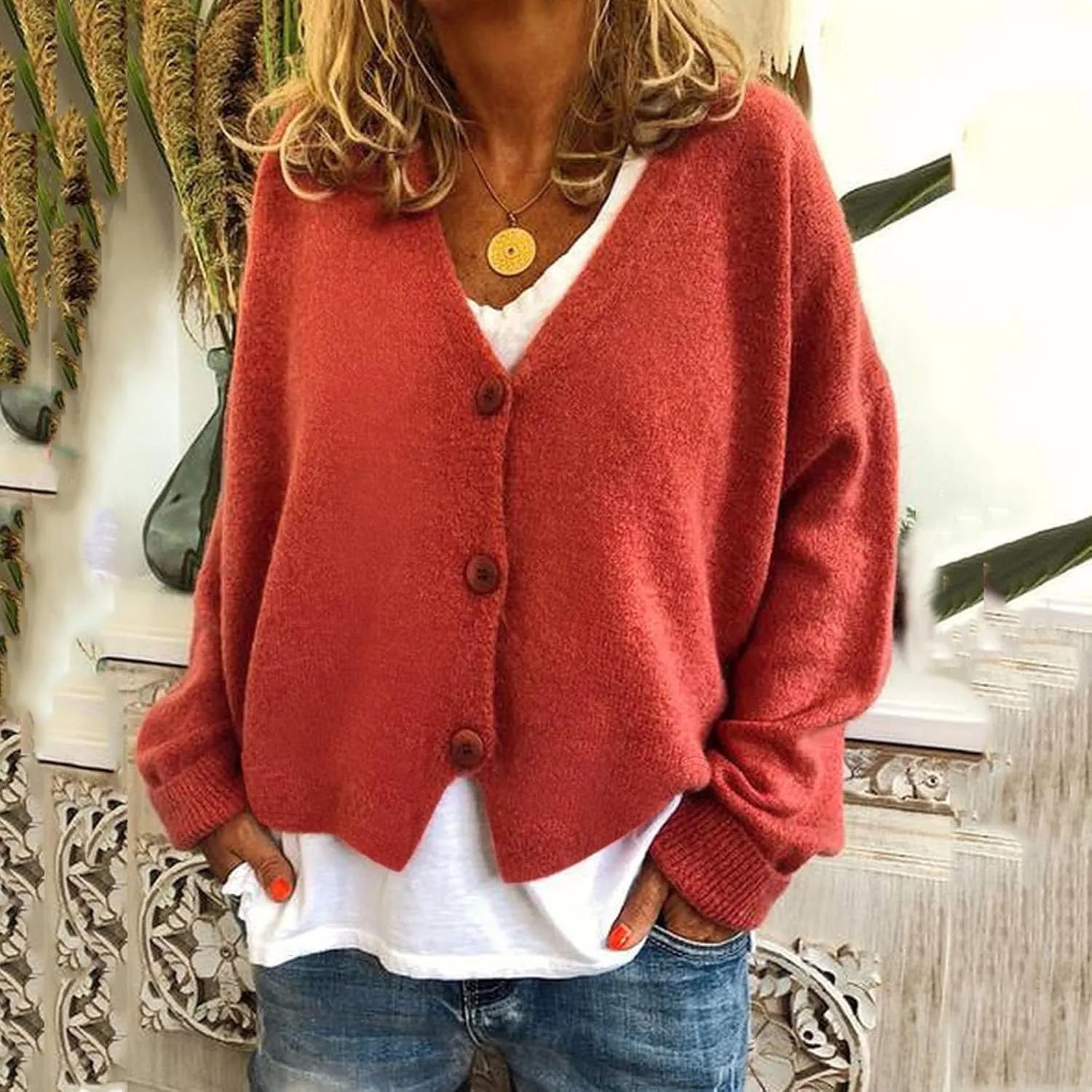 Cardigan Sweater for Women Cropped Knit Cardigans Open Front V-Neck Crochet Solid Sweaters Long Sleeve Button Up Tops