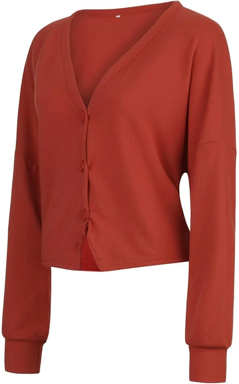 Cardigan Sweater for Women Cropped Knit Cardigans Open Front V-Neck Crochet Solid Sweaters Long Sleeve Button Up Tops
