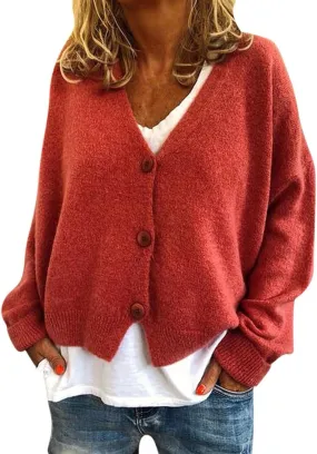Cardigan Sweater for Women Cropped Knit Cardigans Open Front V-Neck Crochet Solid Sweaters Long Sleeve Button Up Tops
