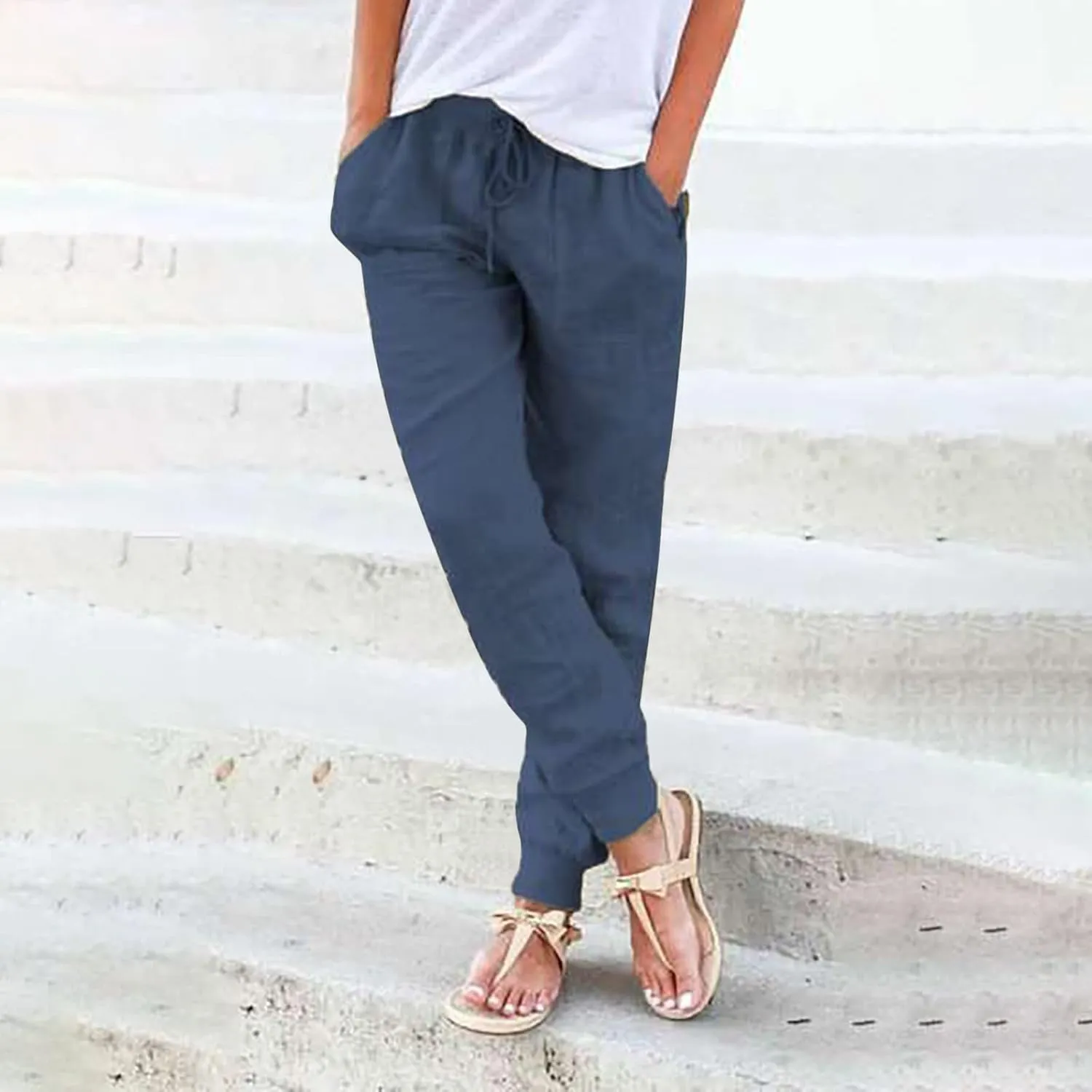 Casual Pants For Women Linen Elastic Waist Trousers Summer Baggy Straight Leg Comfort Tapered Pants with Pockets