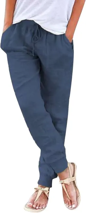 Casual Pants For Women Linen Elastic Waist Trousers Summer Baggy Straight Leg Comfort Tapered Pants with Pockets