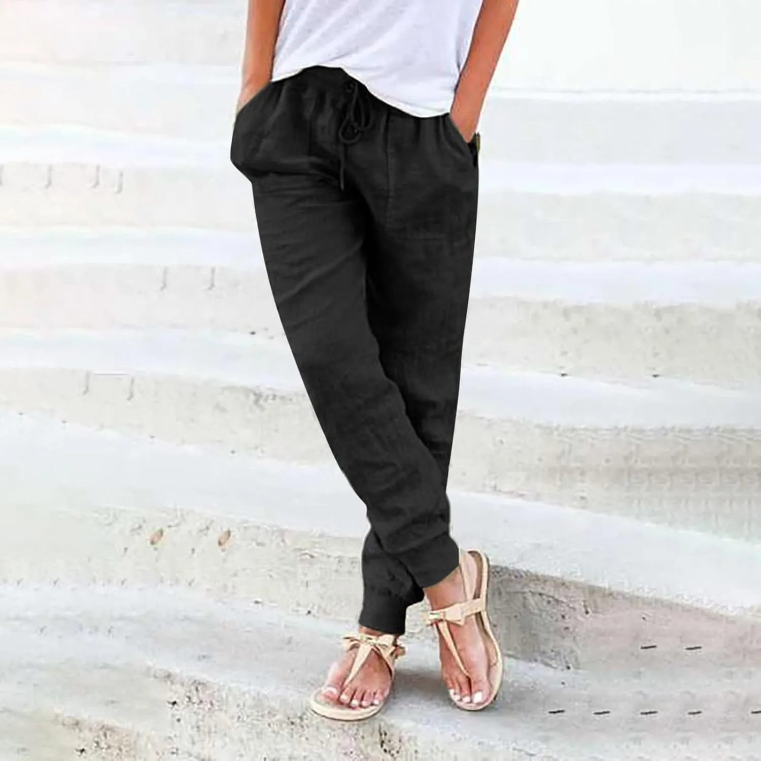 Casual Pants For Women Linen Elastic Waist Trousers Summer Baggy Straight Leg Comfort Tapered Pants with Pockets