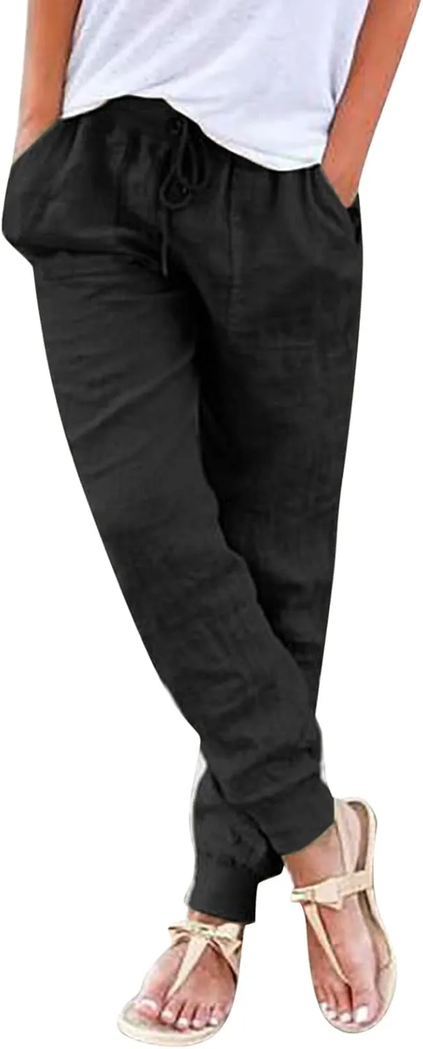 Casual Pants For Women Linen Elastic Waist Trousers Summer Baggy Straight Leg Comfort Tapered Pants with Pockets