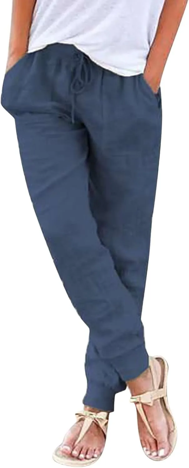 Casual Pants For Women Linen Elastic Waist Trousers Summer Baggy Straight Leg Comfort Tapered Pants with Pockets