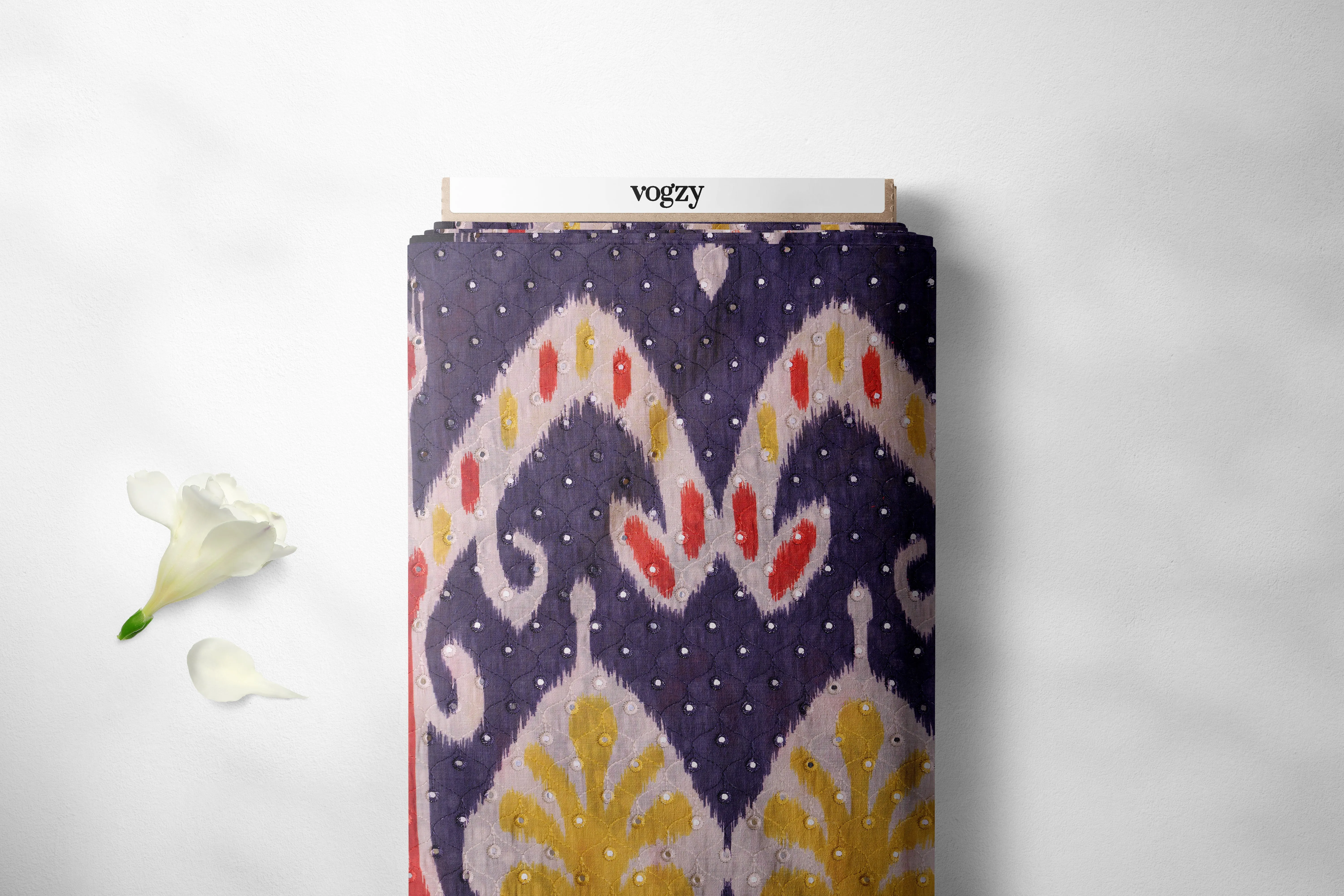 Contemporary Ikat Style Navy Yellow Summer Pattern With Mirror work Detailing Chanderi Fabric