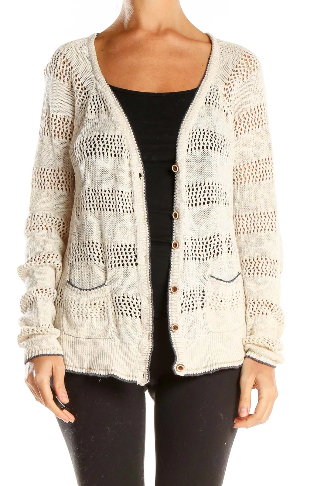 Cream Striped Open-Knit Cardigan