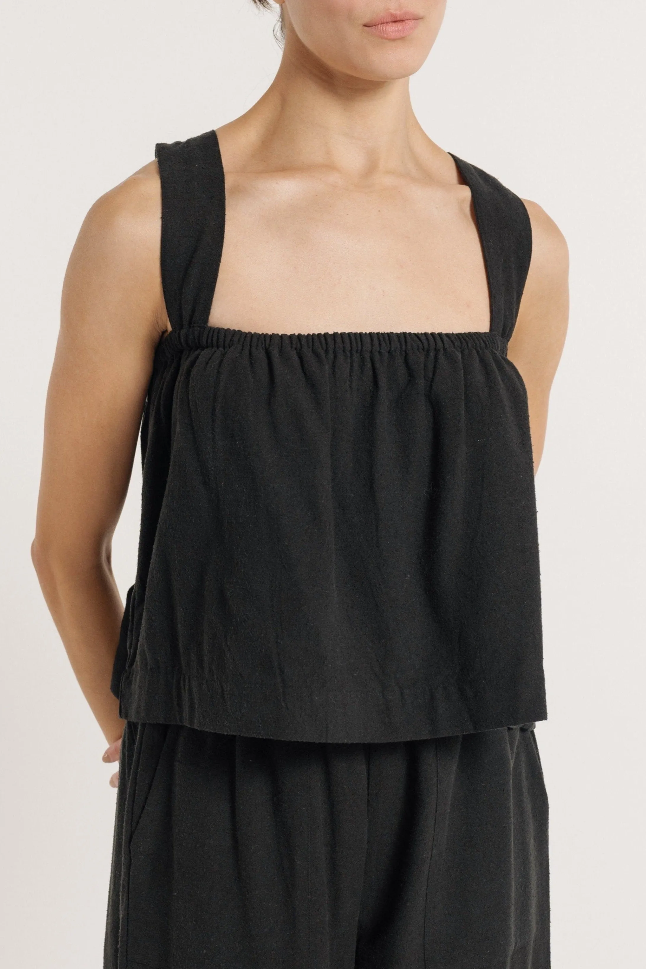 Cross Back Tank - Black Silk Noil