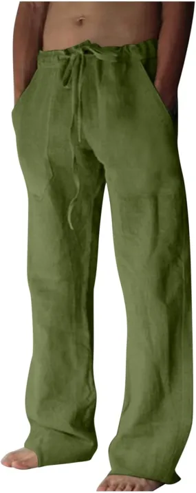 Dgoopd Men's Cotton Linen Pants Casual Elastic Waist Drawstring Pants Straight Leg Yoga Pants Lightweight Summer Beach Pants