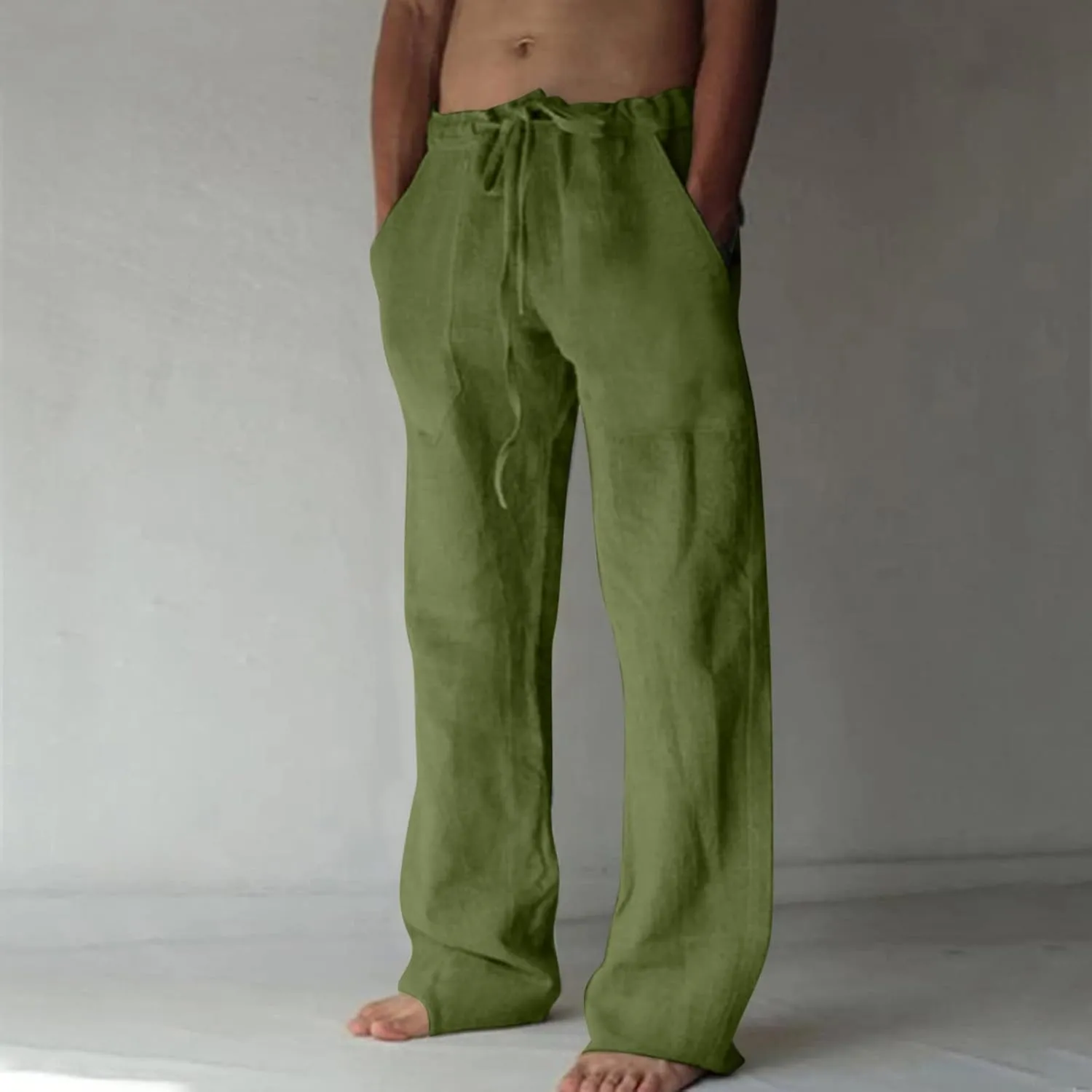 Dgoopd Men's Cotton Linen Pants Casual Elastic Waist Drawstring Pants Straight Leg Yoga Pants Lightweight Summer Beach Pants