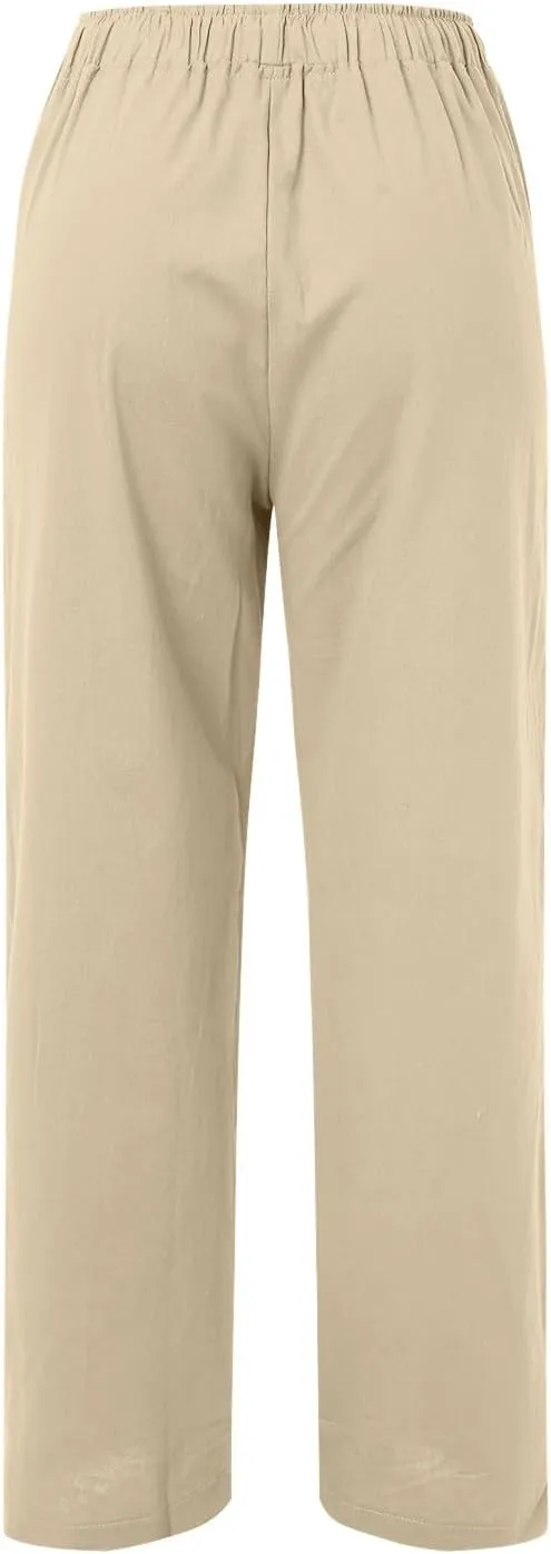 Drawstring Pants Women High Waisted Cotton Linen Wide Leg Summer Trouser Casual Loose Fit Palazzo Pull On Sweatpant