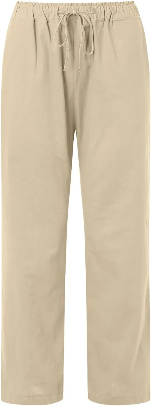 Drawstring Pants Women High Waisted Cotton Linen Wide Leg Summer Trouser Casual Loose Fit Palazzo Pull On Sweatpant
