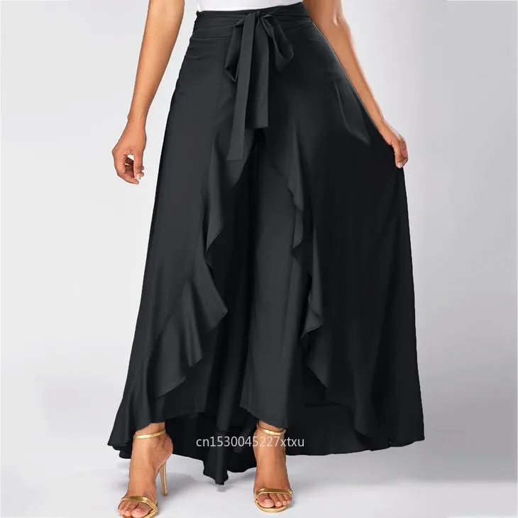 Dress Pants Short Front Long Back Party Skirt Irregular High Low Side Zipper Tie casual Wild Front Overlay Pants Ruffle Dropship