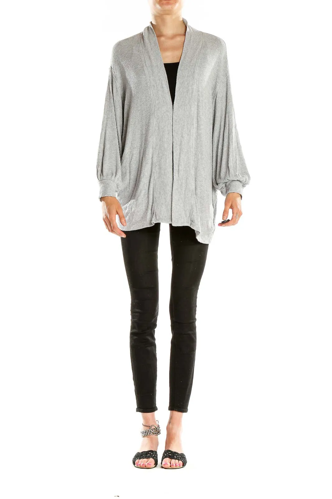 Gray Ribbed Open Front Cardigan