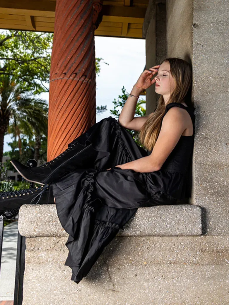 High-Lo Patchwork Ruffled Hem Swing Skirt