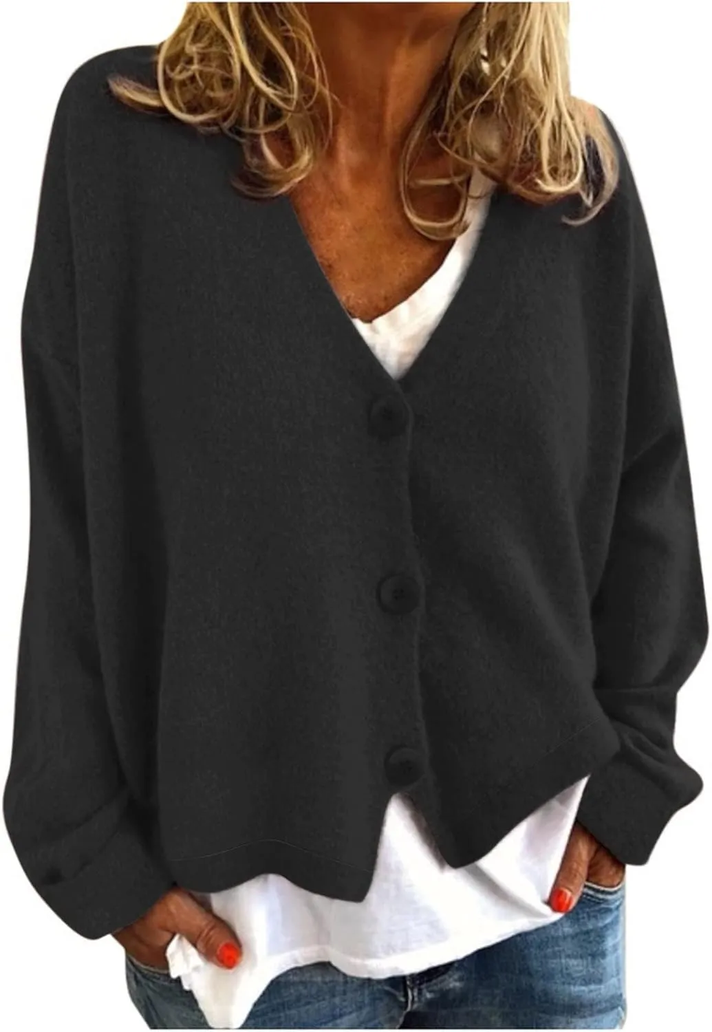 iLH 2024 Fall Open Front Cardigan for Women Loose Chunky Knitted Sweater V Neck Button Down Outwear Solid Casual Jacket
