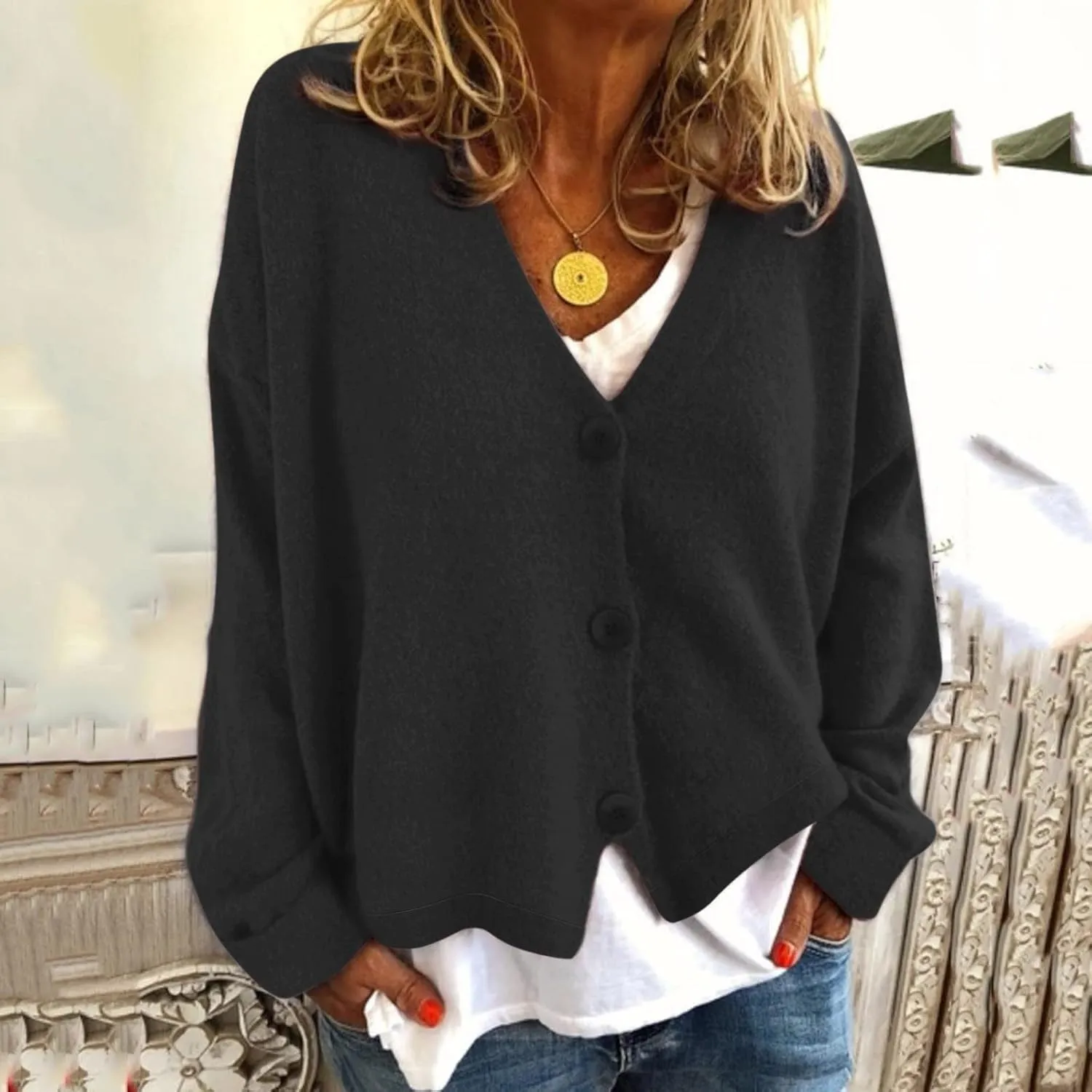 iLH 2024 Fall Open Front Cardigan for Women Loose Chunky Knitted Sweater V Neck Button Down Outwear Solid Casual Jacket
