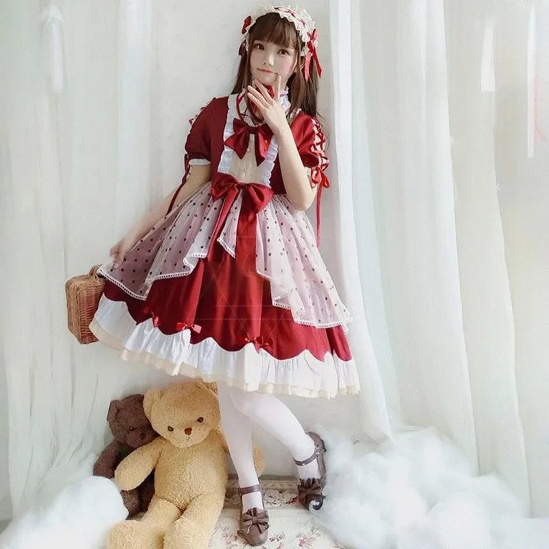Kawaii Japanese Wine Red Lolita OP Dress Set