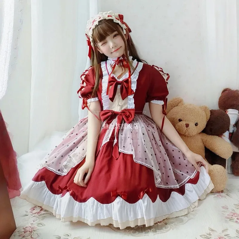 Kawaii Japanese Wine Red Lolita OP Dress Set