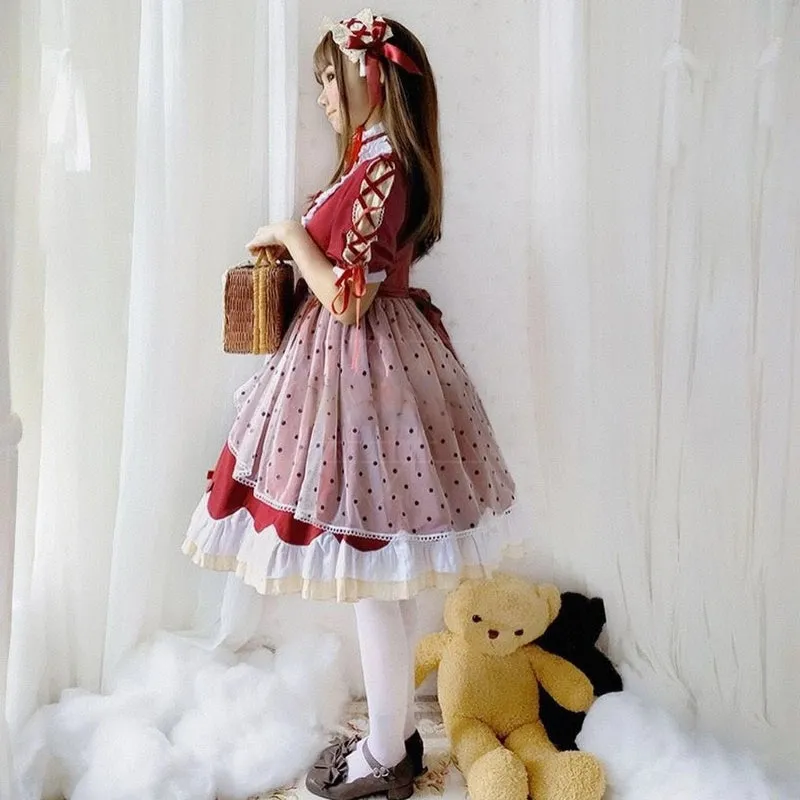 Kawaii Japanese Wine Red Lolita OP Dress Set
