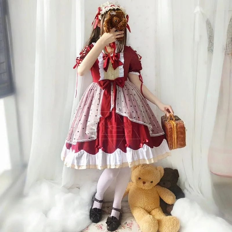 Kawaii Japanese Wine Red Lolita OP Dress Set