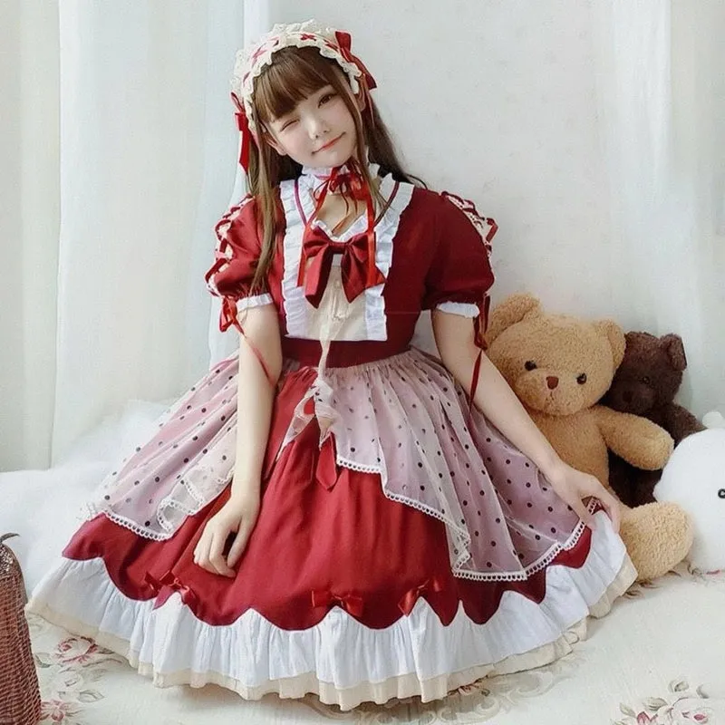 Kawaii Japanese Wine Red Lolita OP Dress Set