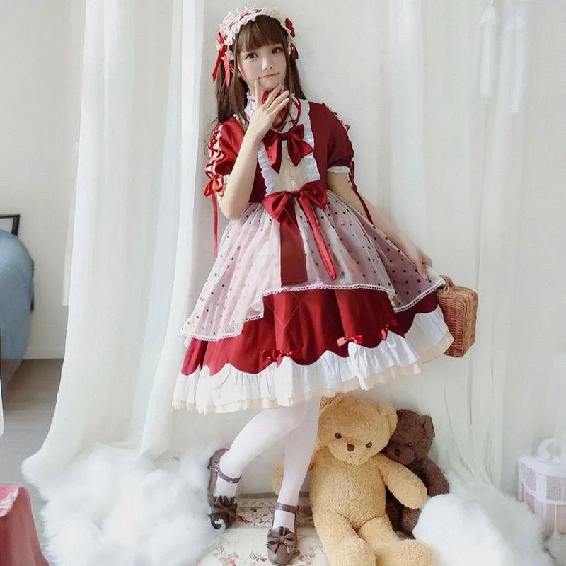Kawaii Japanese Wine Red Lolita OP Dress Set