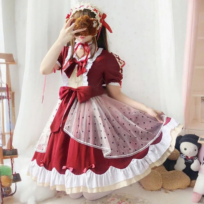 Kawaii Japanese Wine Red Lolita OP Dress Set