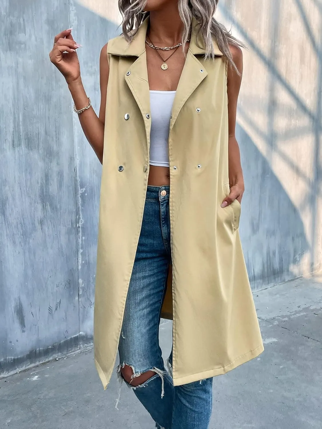 LUBOSE Womens Jackets Jackets for Women Double Breasted Belted Vest Trench Coat (Color : Khaki, Size : X-Large)