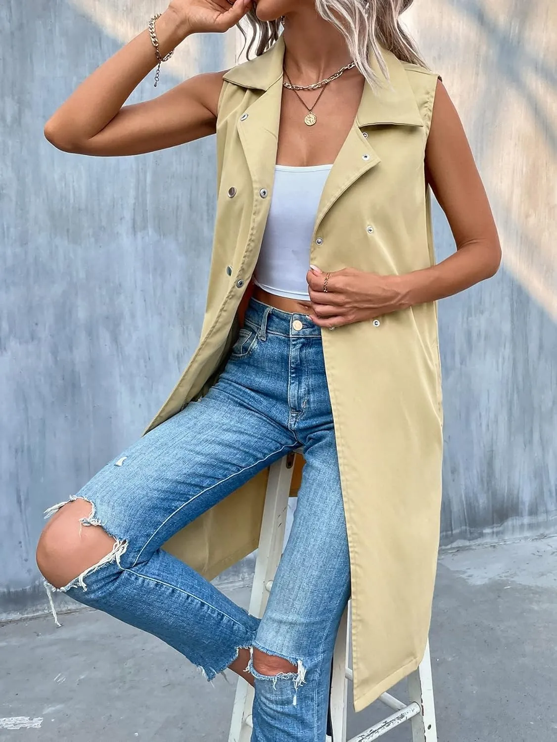 LUBOSE Womens Jackets Jackets for Women Double Breasted Belted Vest Trench Coat (Color : Khaki, Size : X-Large)
