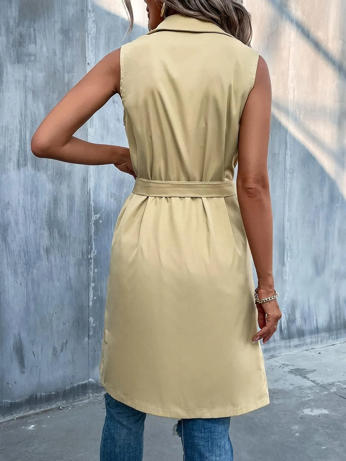 LUBOSE Womens Jackets Jackets for Women Double Breasted Belted Vest Trench Coat (Color : Khaki, Size : X-Large)