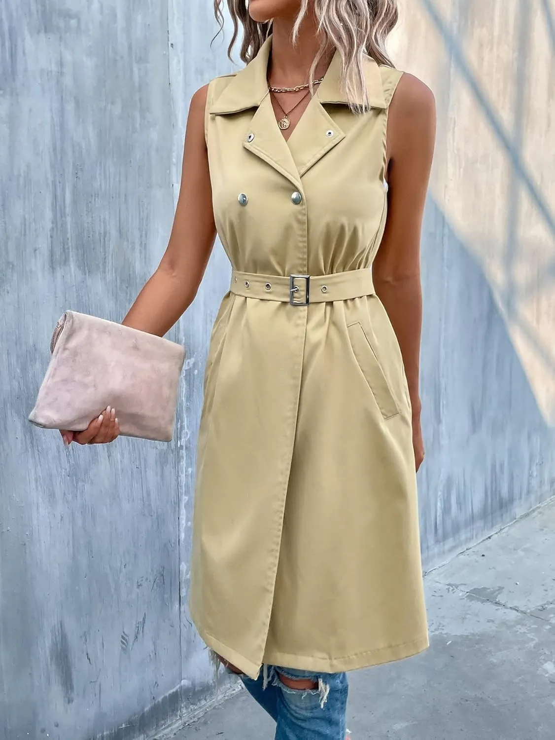LUBOSE Womens Jackets Jackets for Women Double Breasted Belted Vest Trench Coat (Color : Khaki, Size : X-Large)