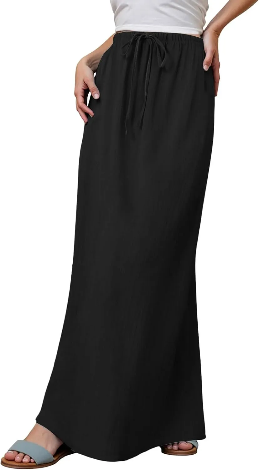 Maxi Skirts for Women 2025,Trendy Summer Comfy Drawstring Waist A Line Linen Skirt Vacation Boho Long Flowy Skirts