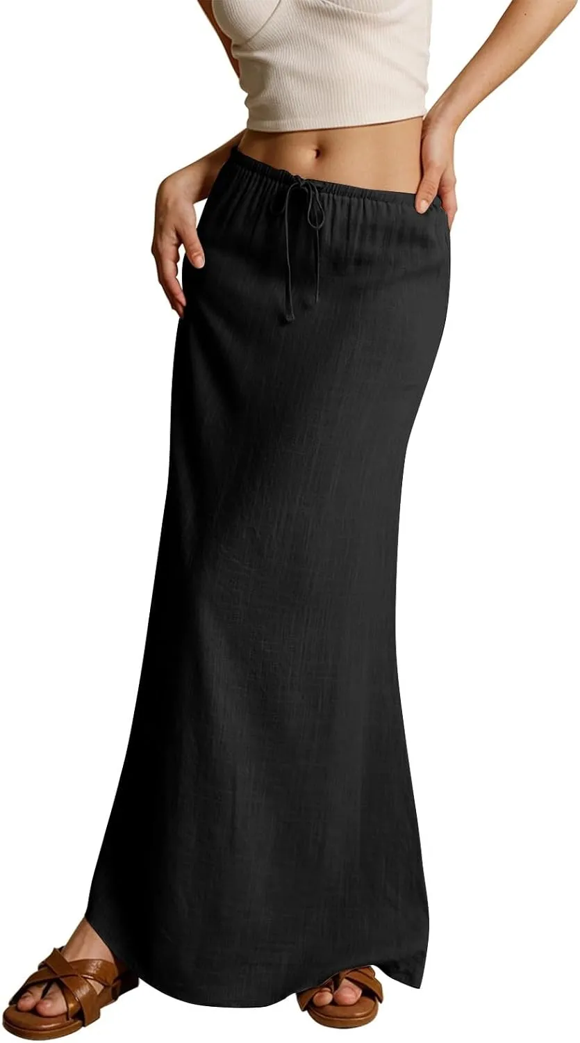 Maxi Skirts for Women 2025,Trendy Summer Comfy Drawstring Waist A Line Linen Skirt Vacation Boho Long Flowy Skirts