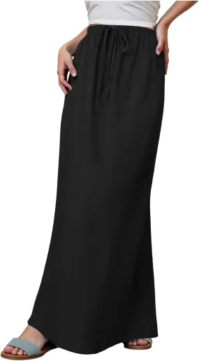 Maxi Skirts for Women 2025,Trendy Summer Comfy Drawstring Waist A Line Linen Skirt Vacation Boho Long Flowy Skirts