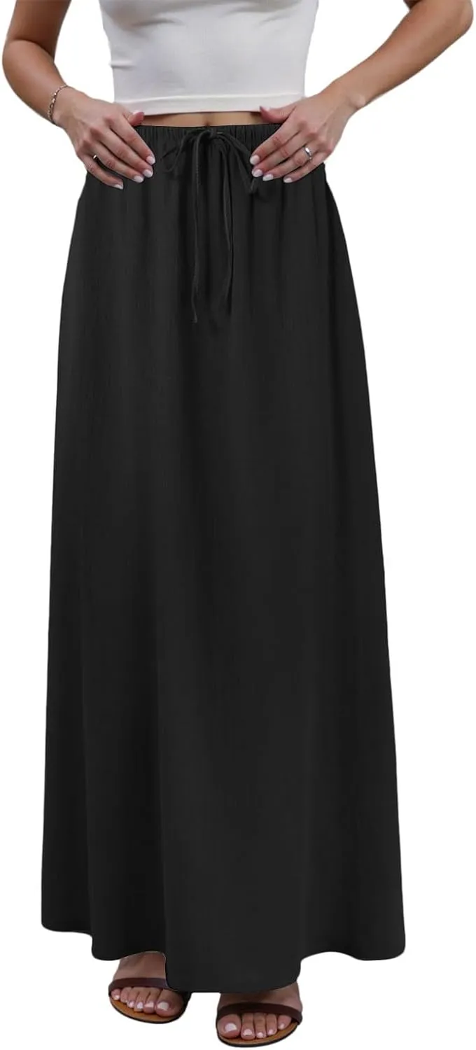Maxi Skirts for Women 2025,Trendy Summer Comfy Drawstring Waist A Line Linen Skirt Vacation Boho Long Flowy Skirts